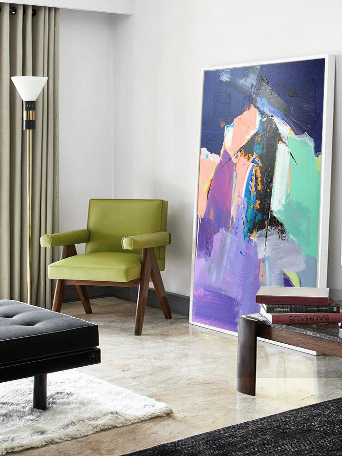 Modern Art Abstract Painting,Vertical Palette Knife Contemporary Art,Large Paintings For Living Room,Purple,Pink,Black,Lake Blue,Dark Blue.etc